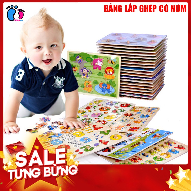 Bảng lắp ghép bằng gỗ, bảng học chữ cái và số Montessori có núm cho bé