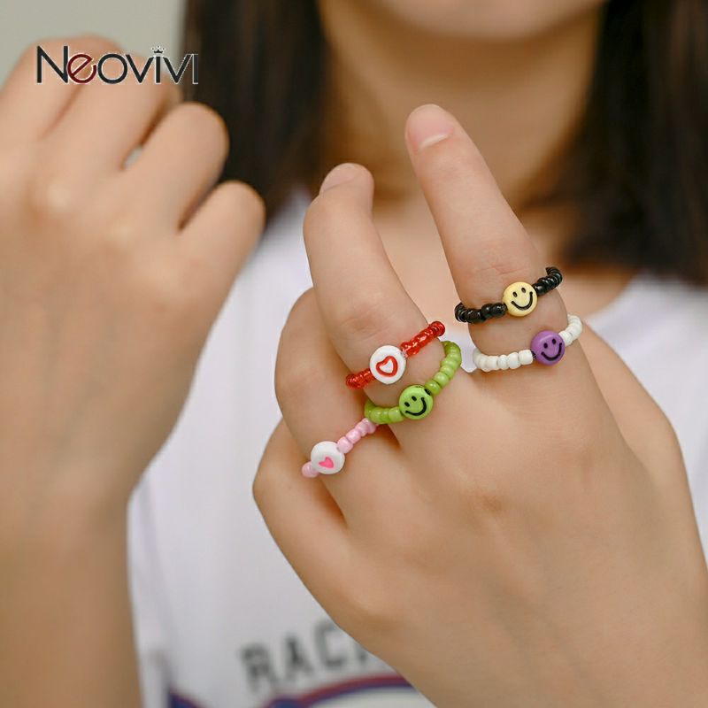 Nhẫn hạt cườm mặt cười mặt trái tim nhiều màu