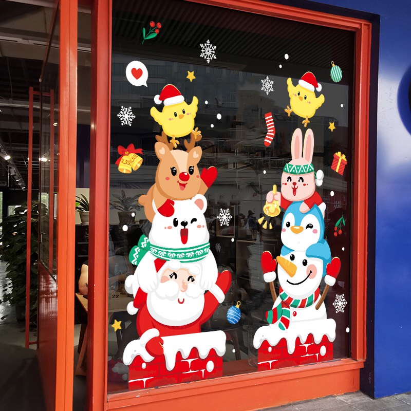 Decal dán tường Noel Hít Tĩnh Điện không Dơ Kính - Thỏ và nai đón chào giáng sinh cùng các bạn
