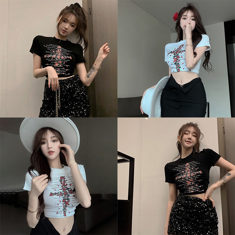 Áo Thun Croptop Cổ Tròn Tay Ngắn Dáng Ôm In Hoa Hồng Kiểu Retro Hàn Quốc Thời Trang Cho Nữ