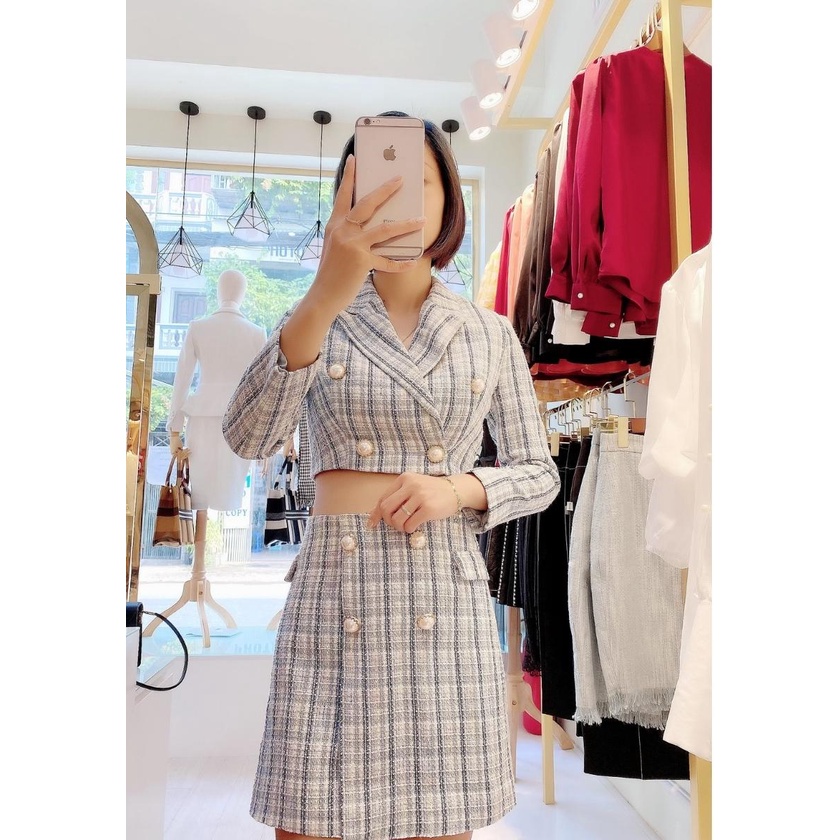 Set dạ tweed nữ dài tay chân váy A  LAVARA SET04