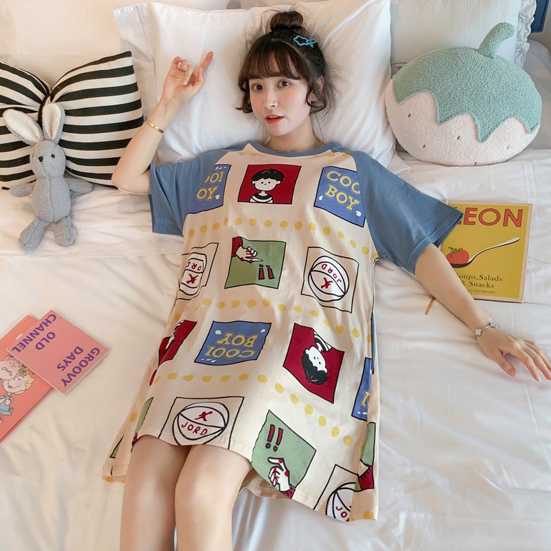 Váy ngủ in họa tiết hoạt hình tay ngắn thời trang mùa hè Hàn Quốc cho nữ