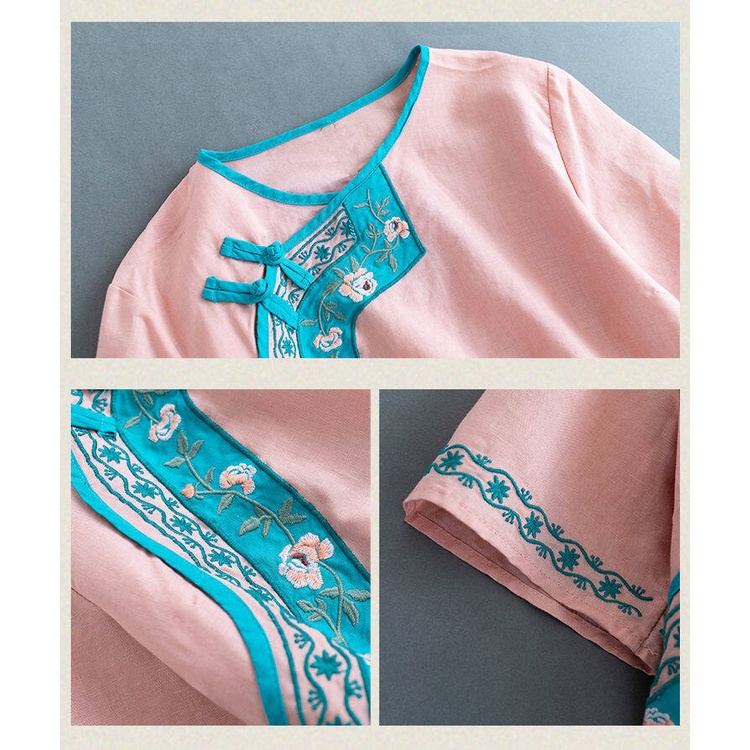 Áo Sơ Mi Cotton Lanh Tay Ngắn Dáng Rộng Cài Nút Thêu Hình Đĩa Trà Trung Hoa Thời Trang Mùa Hè Hàng Mới Dành Cho Bạn Nữ 2022