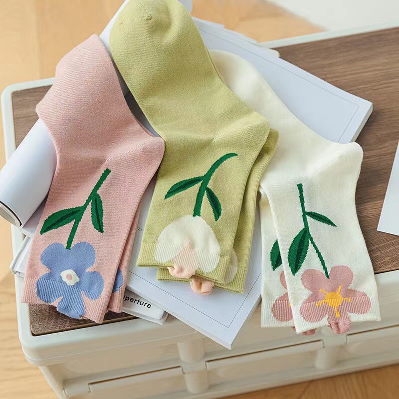 Tất cổ cao nữ họa tiết 3D hình bông hoa siêu xinh chất Cotton mềm mịn co giãn khử mùi thấm hút mồ hôi cực tốt TD048