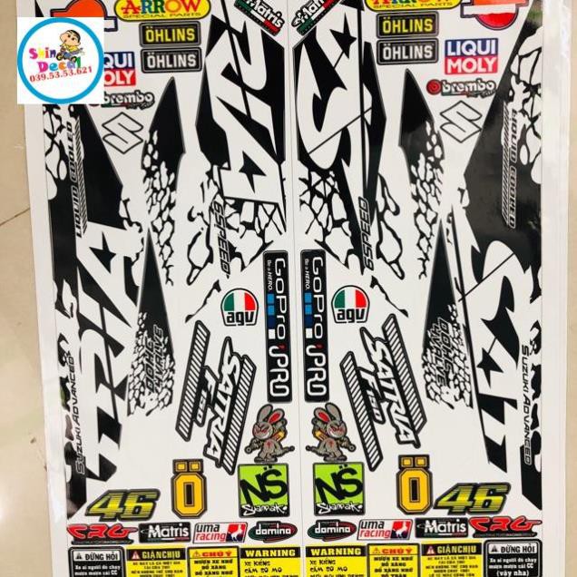 Trọn bộ tem rời Satria Fi trắng đen 3 lớp ko bay màu