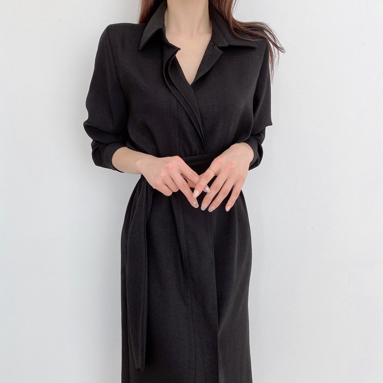 Đầm sơ mi thắt eo giấu cúc dáng dài công sở phong cách nhẹ nhàng vintage
