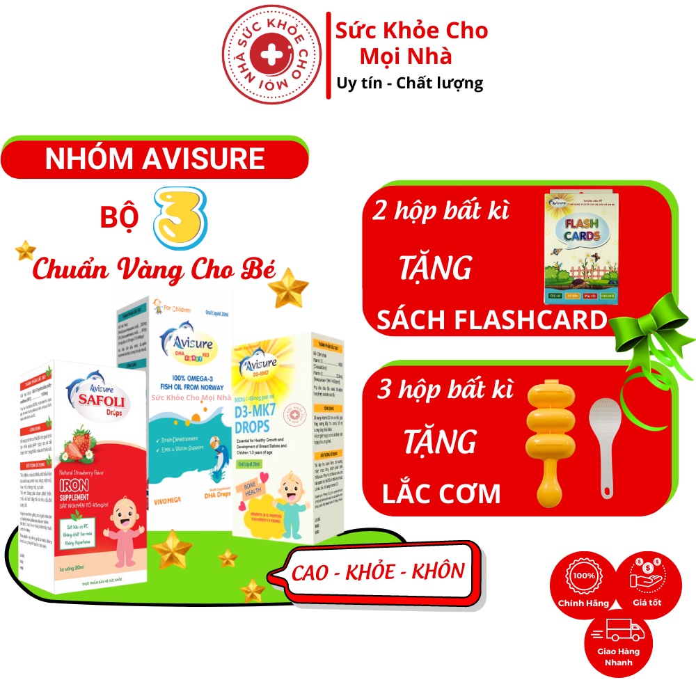 ComBo Bộ 3 Sản Phẩm Bổ Sung Vi Dưỡng Chất Cho Bé. Avisure DHa,Safoli Drop,Vitamin D3-Mk7