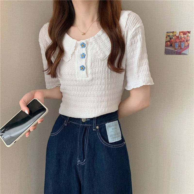 Áo thun tay ngắn cổ búp bê nút hoa phong cách Hàn Quốc thời trang cho nữ áo phông nữ