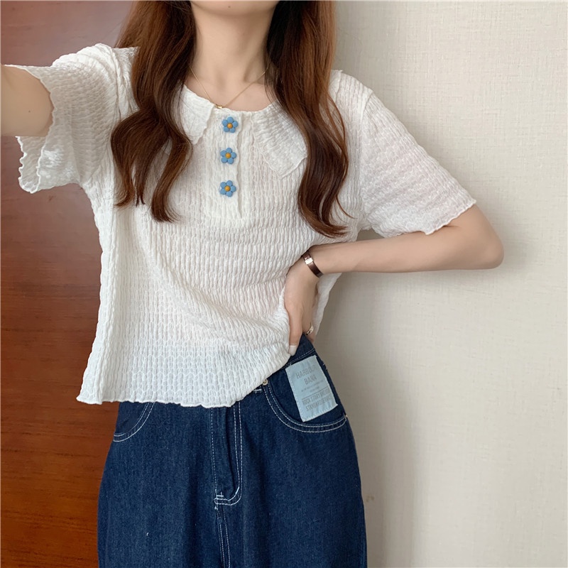 Áo croptop chiffon Tay Ngắn Cổ Búp Bê In Hoa Dễ Thương