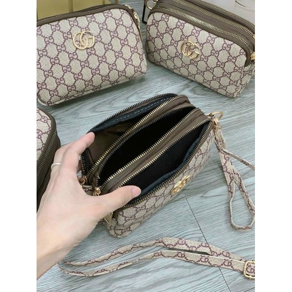Túi đeo chéo nữ 3 ngăn kéo khoá có dây cầm