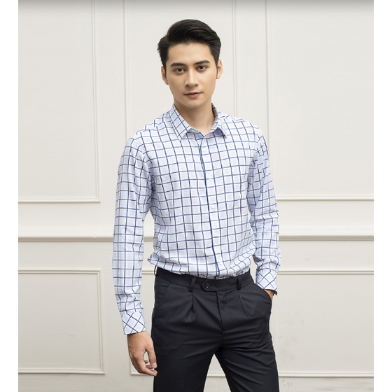 ÁO SƠ MI DÀI TAY ALS27409 TRẮNG CARO XANH JACQUARD