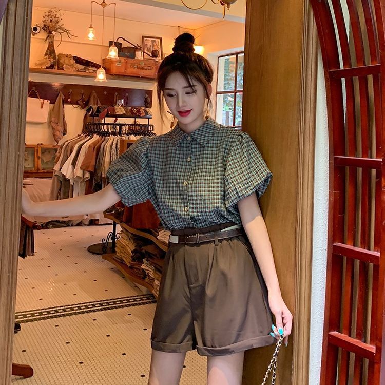 Set Áo Sơ Mi + Quần Short Lưng Cao Ống Rộng Họa Tiết Sọc Caro Thời Trang Mùa Hè Cho Nữ