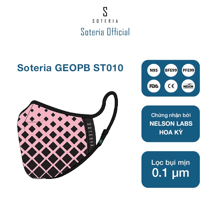 Khẩu trang tiêu chuẩn Quốc Tế SOTERIA GEOPB ST010 - Bộ lọc N95 BFE PFE 99 lọc đến 99% bụi mịn 0.1 micro- Size S,M,L