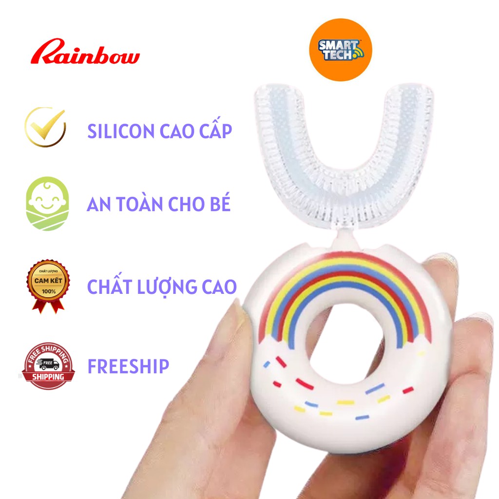 Bàn chải đánh răng cho Donut Rainbow, đầu chải silicon siêu mềm dễ cầm nắm, làm sạch răng 360 độ