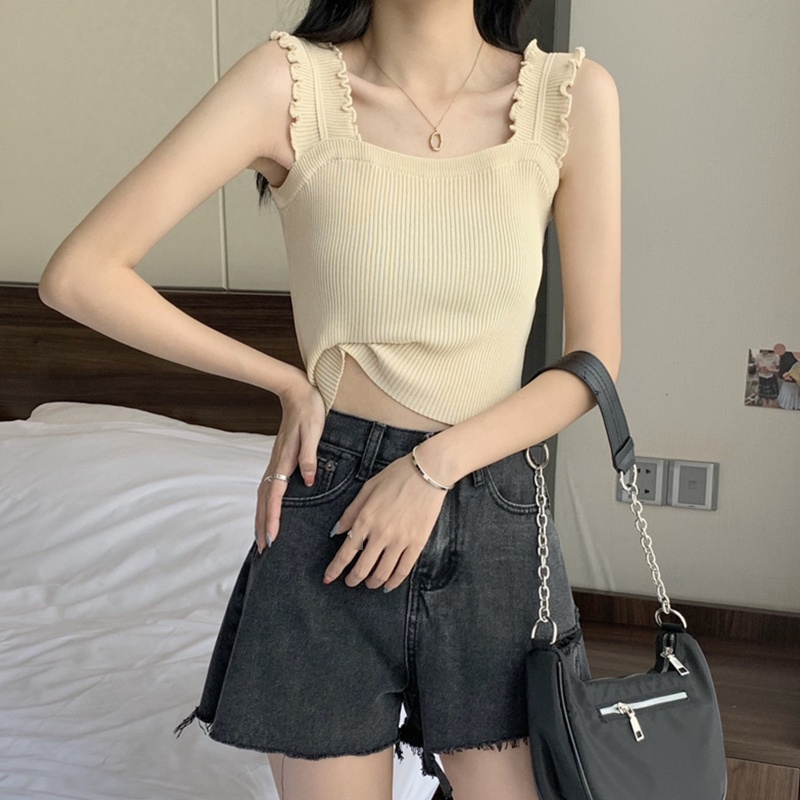 Youyo Áo Tank Top Không Tay Nhún Bèo Dáng Ôm Thời Trang Đi Biển Ngày Lễ