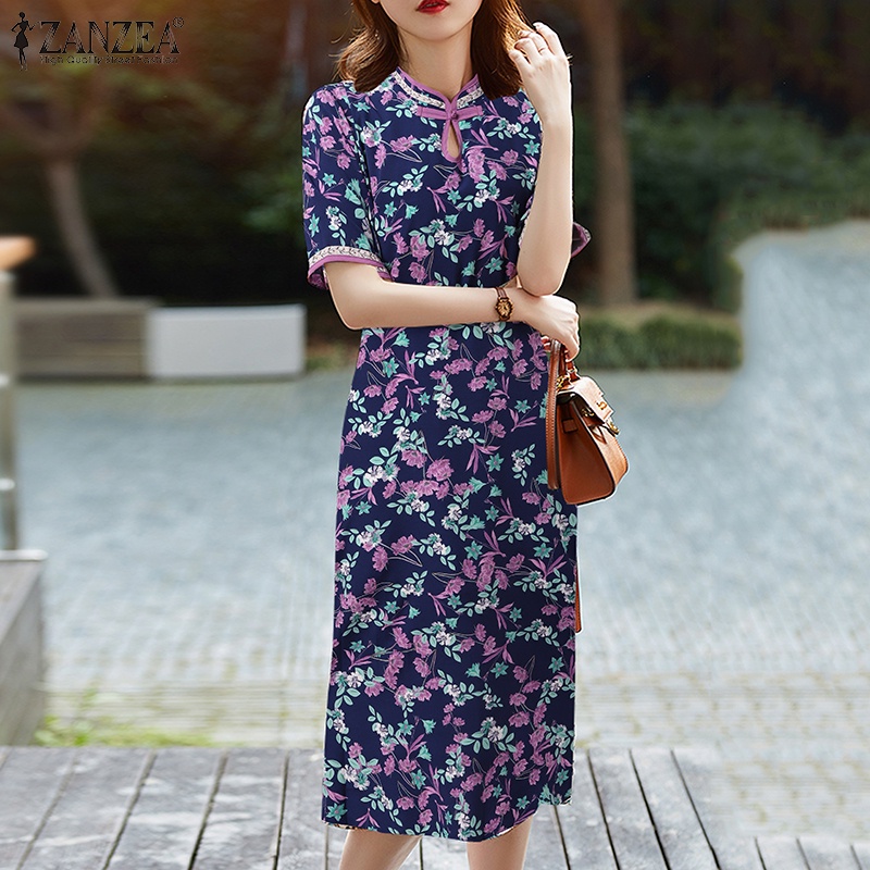 Đầm midi Zanzea ngắn tay in họa tiết phong cách Trung Hoa cổ điển dành cho nữ