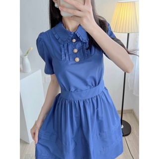 Váy đầm cổ sơmi thiết kế cách điệu-Xanh