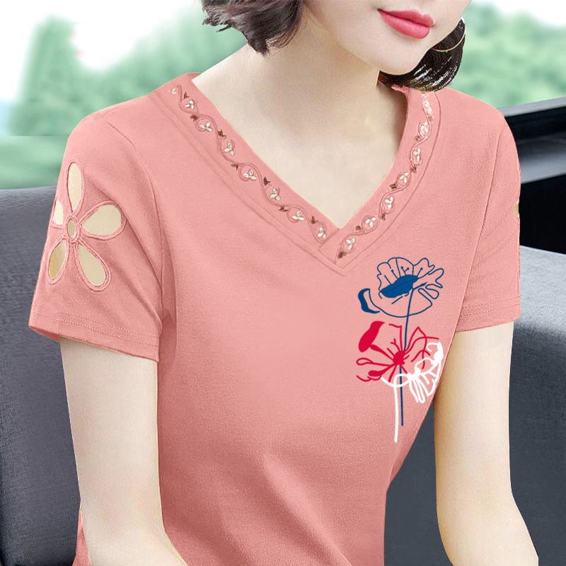 Áo thun tay ngắn cổ chữ V thời trang mùa hè cho phụ nữ trung niên