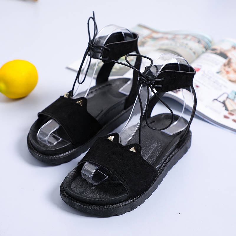 Giày Sandal Cột Dây Đính Tai Mèo Dễ Thương Phong Cách Hàn Quốc