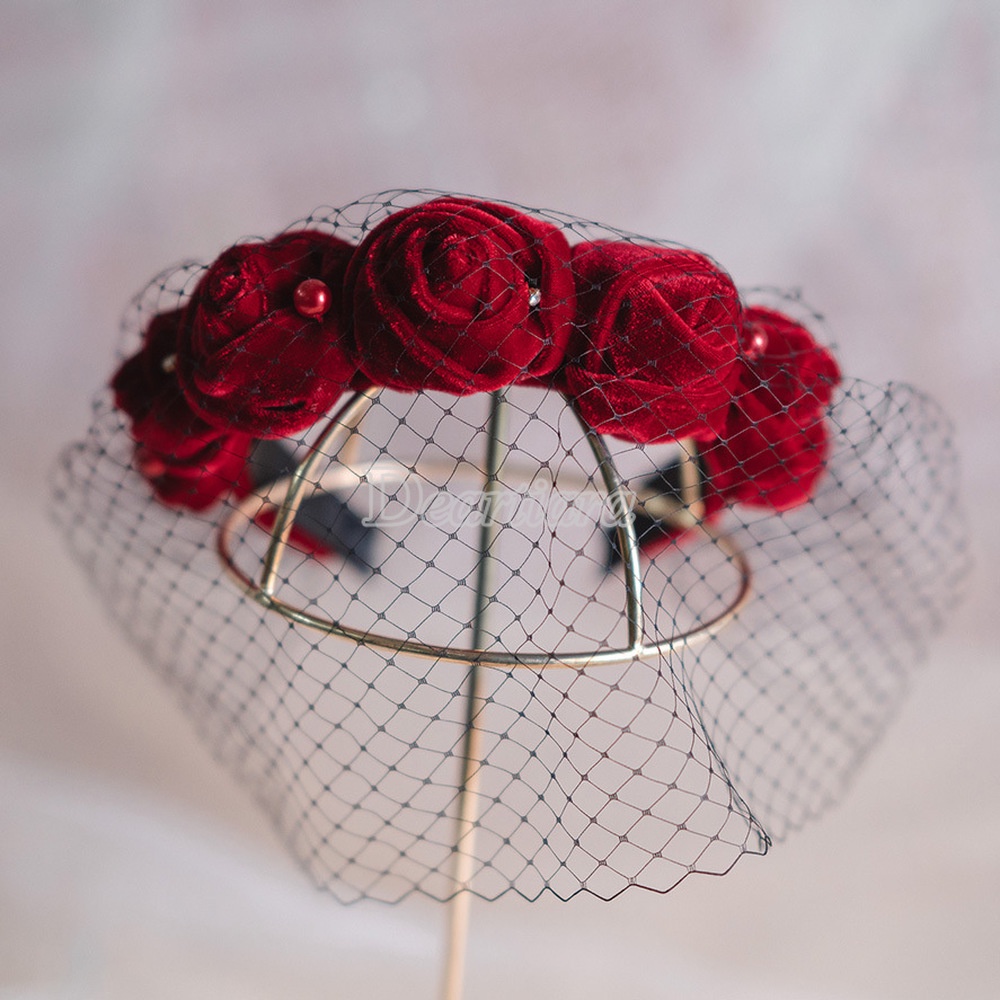 Băng Đô Cài Tóc Vải Lưới Đính Ngọc Trai Và Hoa Màu Đỏ Rượu Ngọt Ngào Cho Cô Dâu