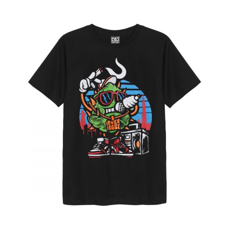 Áo thun Thái Lan màu đen in 3D cục bông xanh hiphop đeo dây chuyền Overdose hát Rap T0284 !