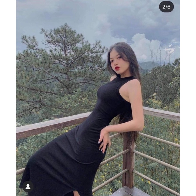Đầm body sát nách 2 màu đen, cam vải thun gân tôn dáng khoe body sexy Sun Fashion