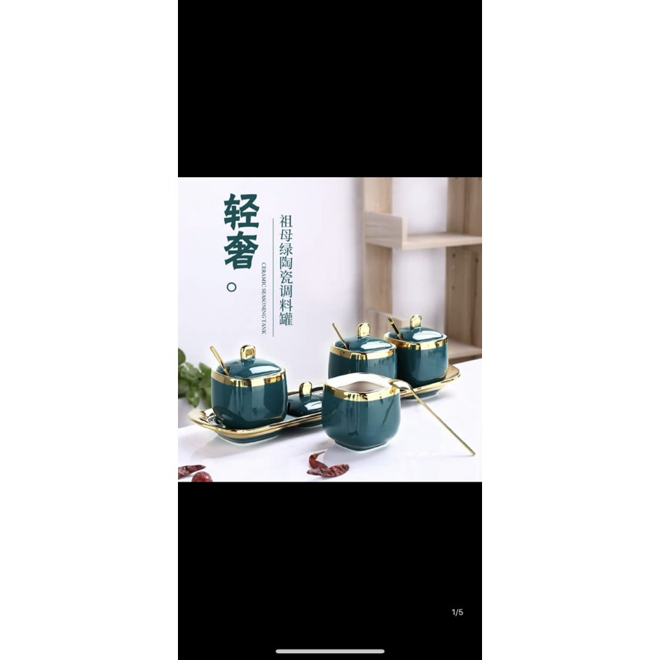 Hũ gia vị sứ, bộ đựng gia vị sứ xanh cổ vịt kèm khay thìa cao cấp
