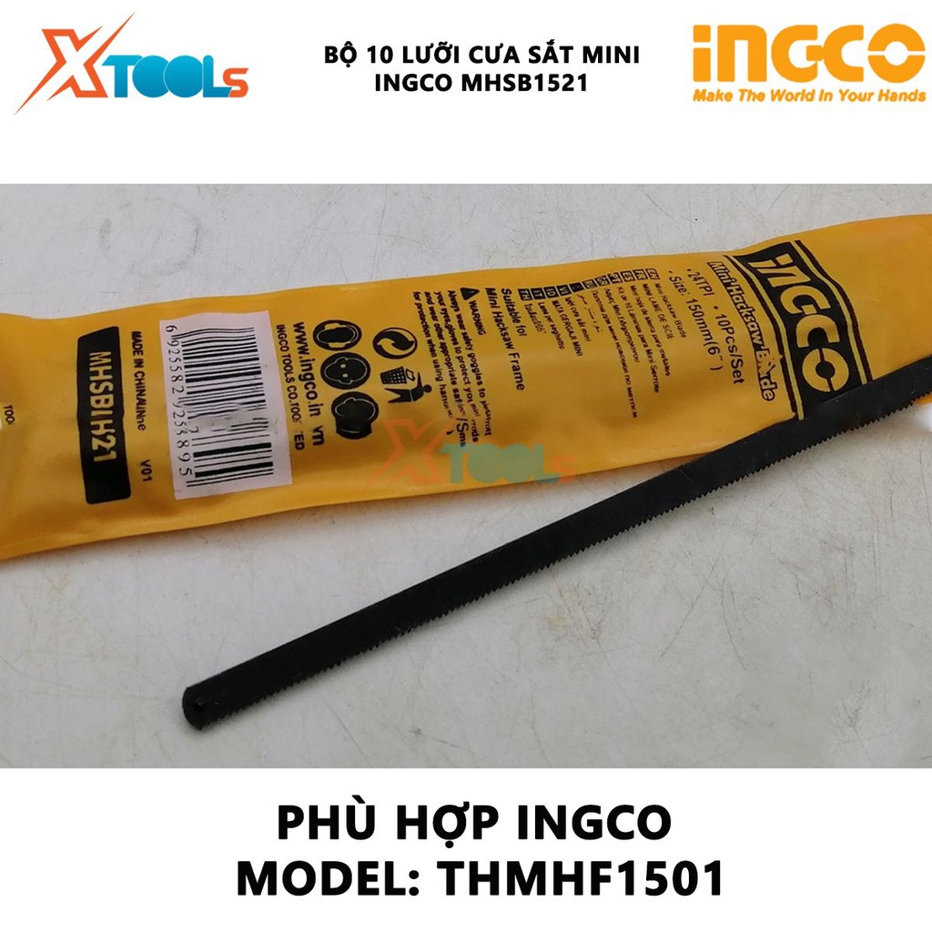 Bộ 10 lưỡi cưa sắt mini INGCO MHSB1521 bộ lưỡi cưa 10 chi tiết Size 150mm(6”), Chất liệu 65Mn, 24 răng cưa cắt vật liệu