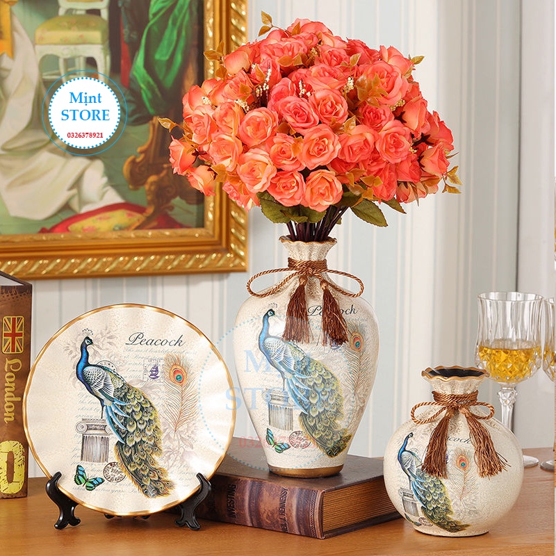 Bình hoa gốm - lọ hoa 3 món, bình công phong thuỷ MỊNT hút lộc trang trí nhà - kệ ti vi