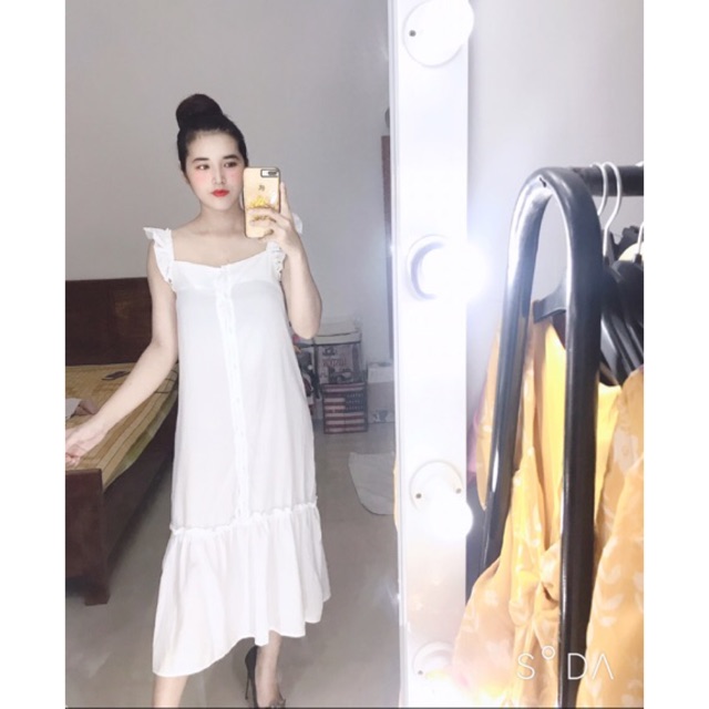 Đầm maxi dáng suông trắng 2 dây viền bèo cánh tiên gài nút chân bèo đuôi cá (ảnh thật)
