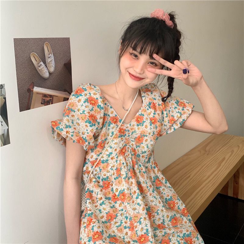 Đầm tay phồng cổ chữ V phong cách Pháp thanh lịch thời trang