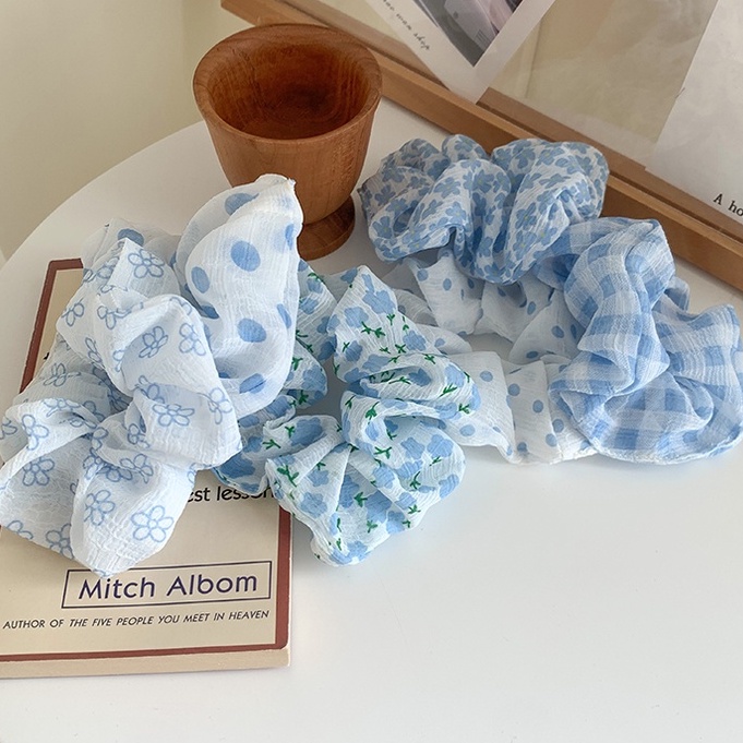 Cột Tóc Scrunchies LIN Họa Tiết Màu Xanh