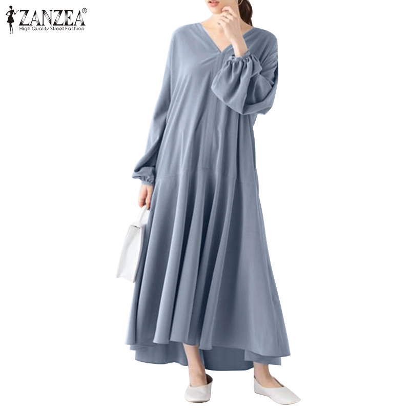 Đầm Maxi ZANZEA Cổ V Tay Phồng Màu Trơn Thời Trang Cho Nữ