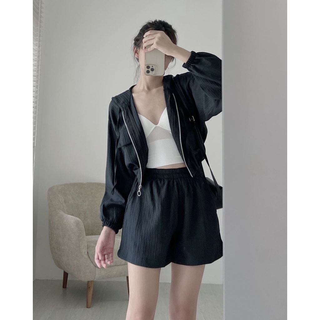 Set thể thao áo khoác nhăn dài tay kèm quần short màu trơn