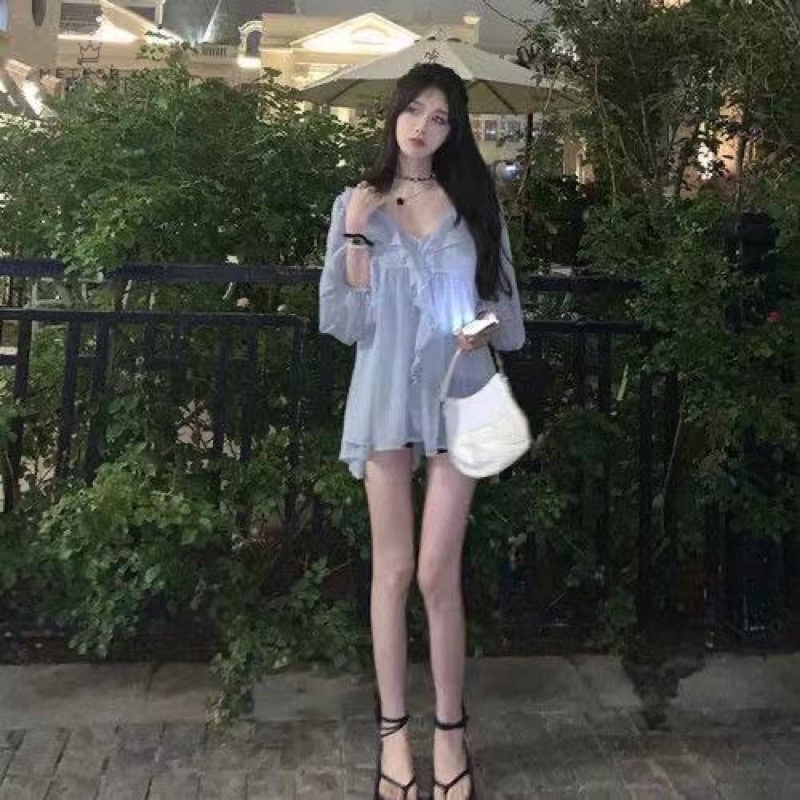 Áo Sơ Mi Chiffon Tay Dài Phối Bèo Kèm Áo Trong