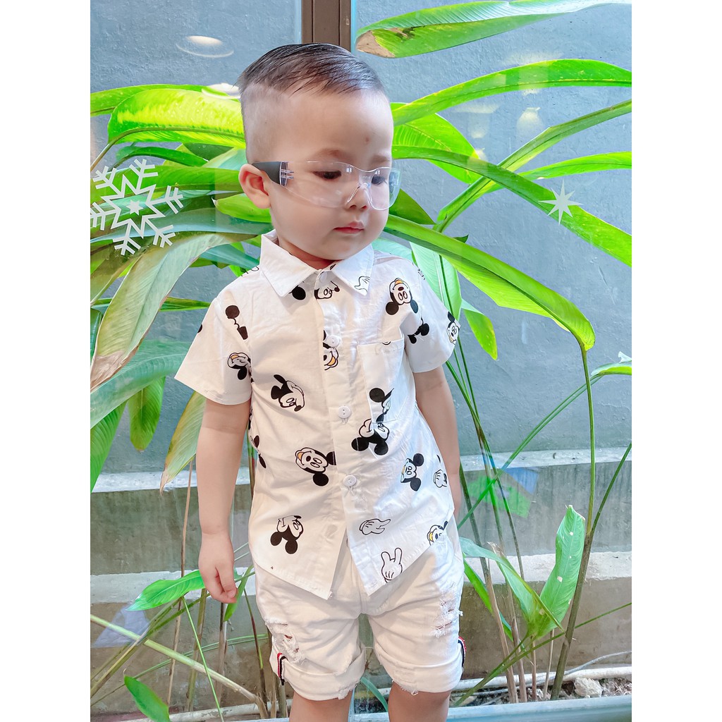 Áo Sơ Mi Cho Bé Trai Họa Tiết Mickey Phân Loại Cộc Tay Đủ Size 8-17Kg V352 - NamKidShop