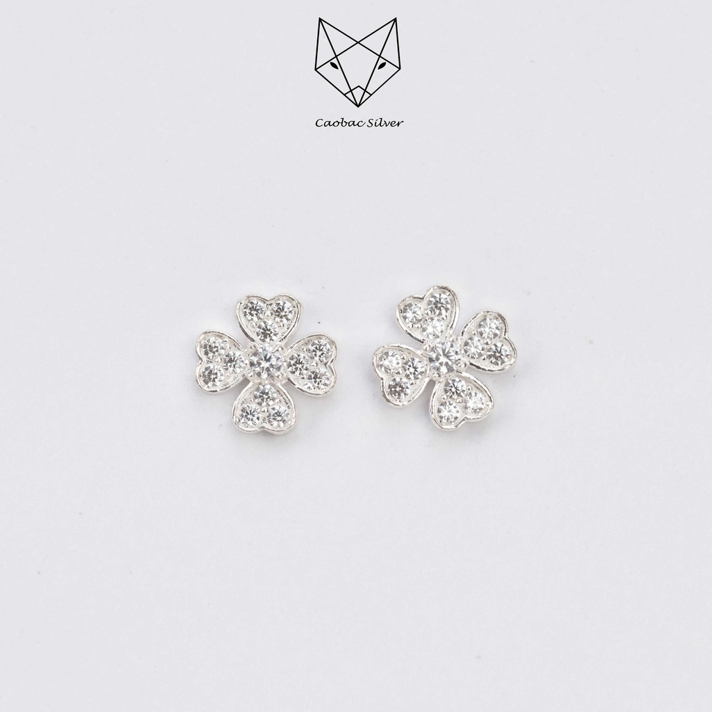 Khuyên Tai Bạc CaoBac Jewellery Cho Nữ Thiết Kế Hoa Bốn Cánh Ổ Đá Giữa