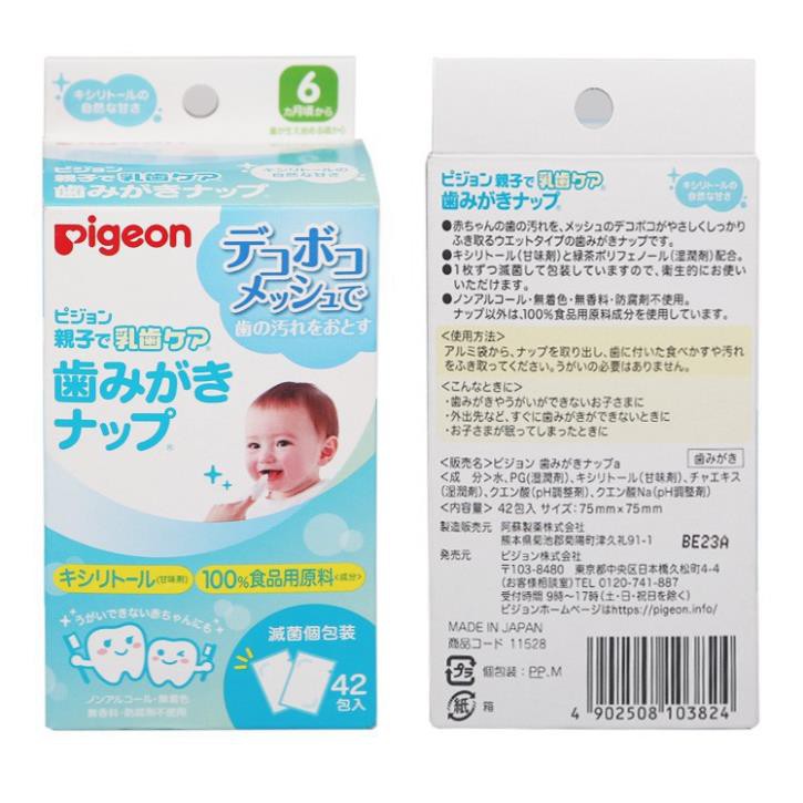 Khăn giấy lau răng Pigeon 42 miếng dành cho bé từ 6 tháng tuổi CHÍNH HÃNG   Không màu, không mùi an toàn cho trẻ
