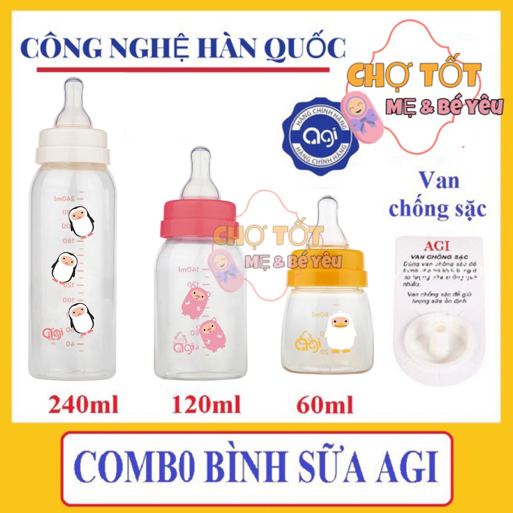 [MẪU MỚI] COMBO 3 BÌNH SỮA AGI CÓ VAN CHỐNG SẶC 60ML-120ML-240ML