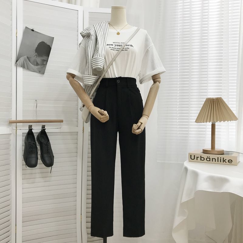 Summer New Korean Style High Waist Loose Slim Straight-leg Pants Nine Points Casual Small Trousers