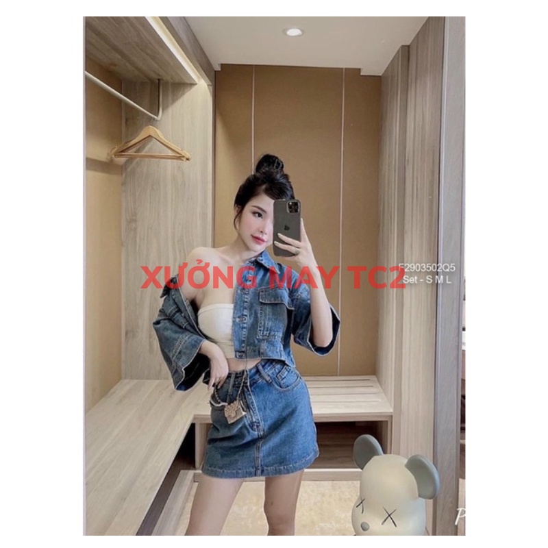 Set áo jean croptop kèm chân váy jean kiểu dáng chữ A kiểu phong cách hàn quốc ulzzang XƯỞNGMAYTC2