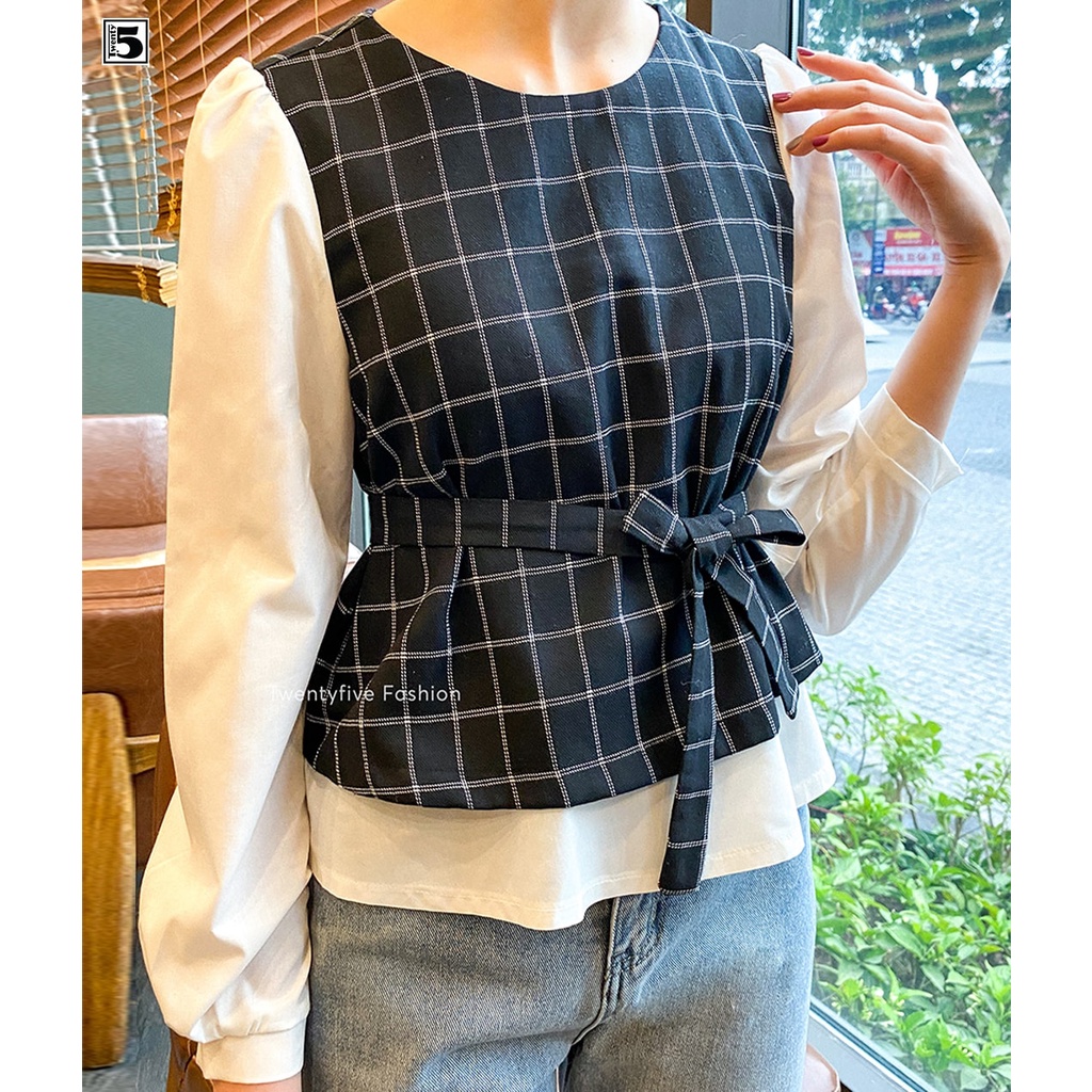Áo kiểu nữ cổ tròn, phối tay tùng dưới, dây buộc eo Twentyfive N192