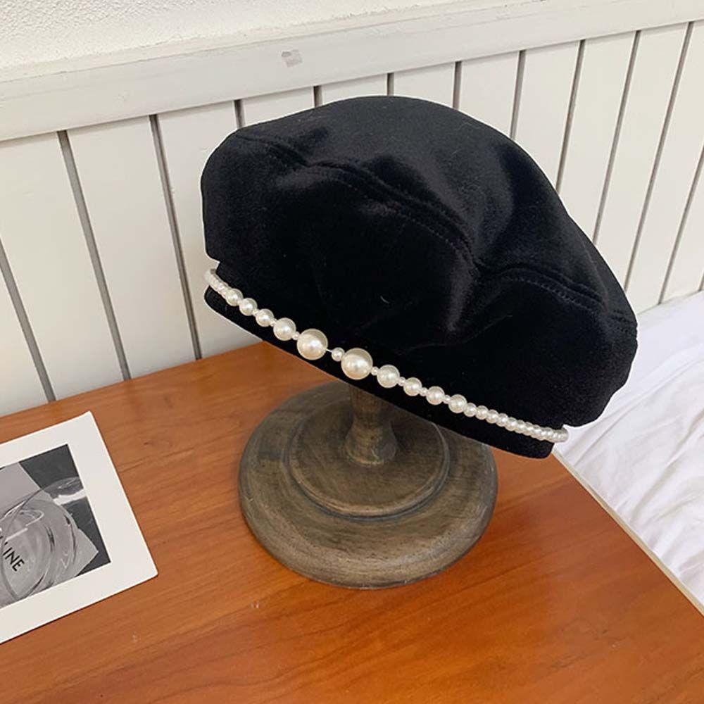 Mũ Beret Vải Nhung Đính Ngọc Trai Phong Cách Anh Quốc Cổ Điển VANES1