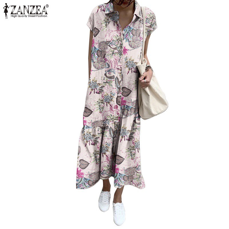 Đầm maxi ZANZEA chất liệu cotton in hoa có cổ túi bên phong cách cổ điển cho nữ