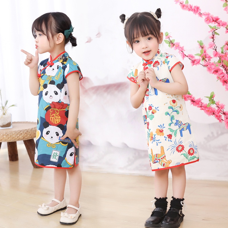 Đầm Kiểu Sườn Xám Tay Ngắn In Họa Tiết Hoa Xinh Xắn Thoáng Khí Cho Bé Gái