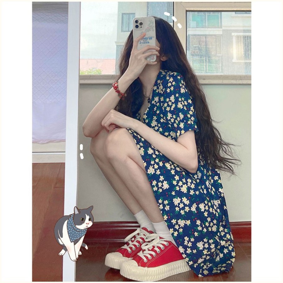 [SALE MẠNH] Váy hoa nhí cổ chữ V siêu dễ thương