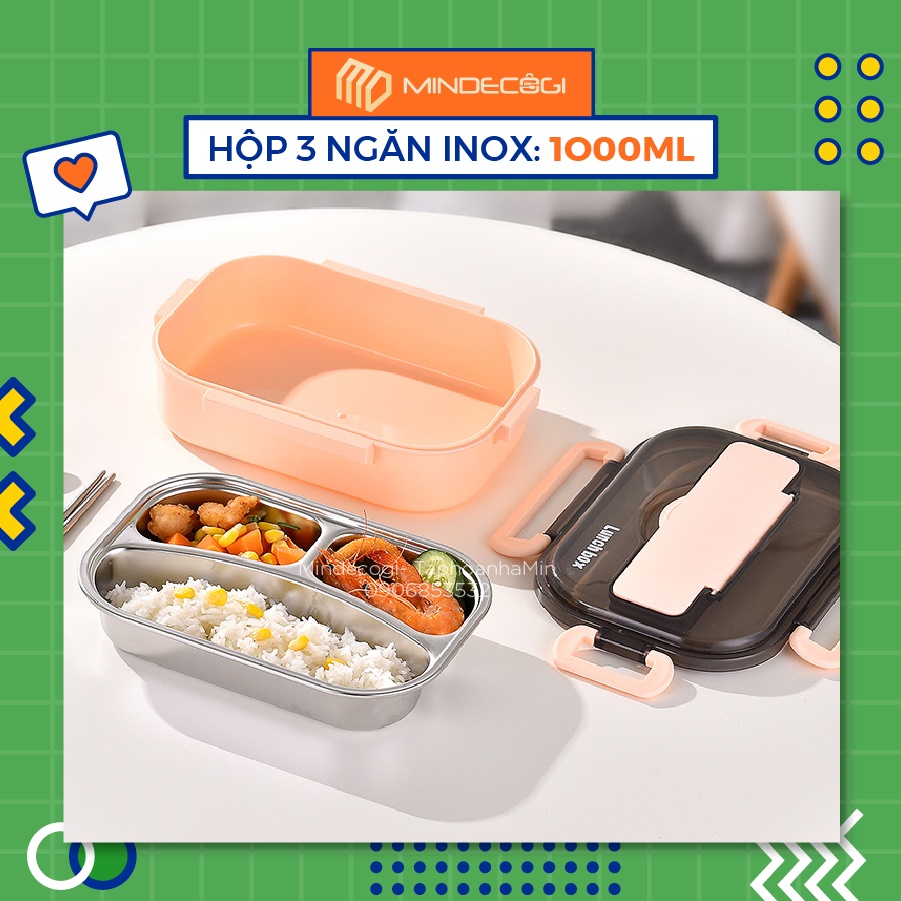 Hộp Cơm Inox 304 Giữ Nhiệt - 2 Lớp 3 Ngăn - Dung Tích 1000ml &1300ml - Kèm Muỗng Đũa Inox