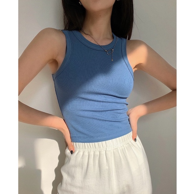 QKOOLE Áo tank top cổ tròn dáng ôm phong cách Hàn Quốc thời trang quyến rũ cho nữ