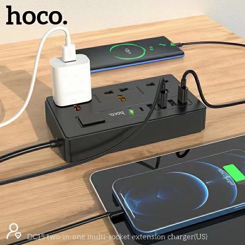 Ổ điện đa năng, thông minh 4 cổng USB và 1 cổng Type-C,3 ổ cắm điện 220v an toàn chống cháy nổ Hoco DC15 Chính hãng