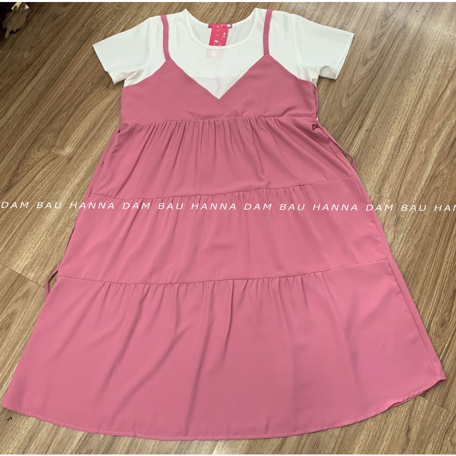 [HANNA] Đầm bầu giả yếm dễ thương cho mẹ trẻ free size 40-75kg với vải chéo mỹ cao cấp thoáng mát mùa hè không nhăn